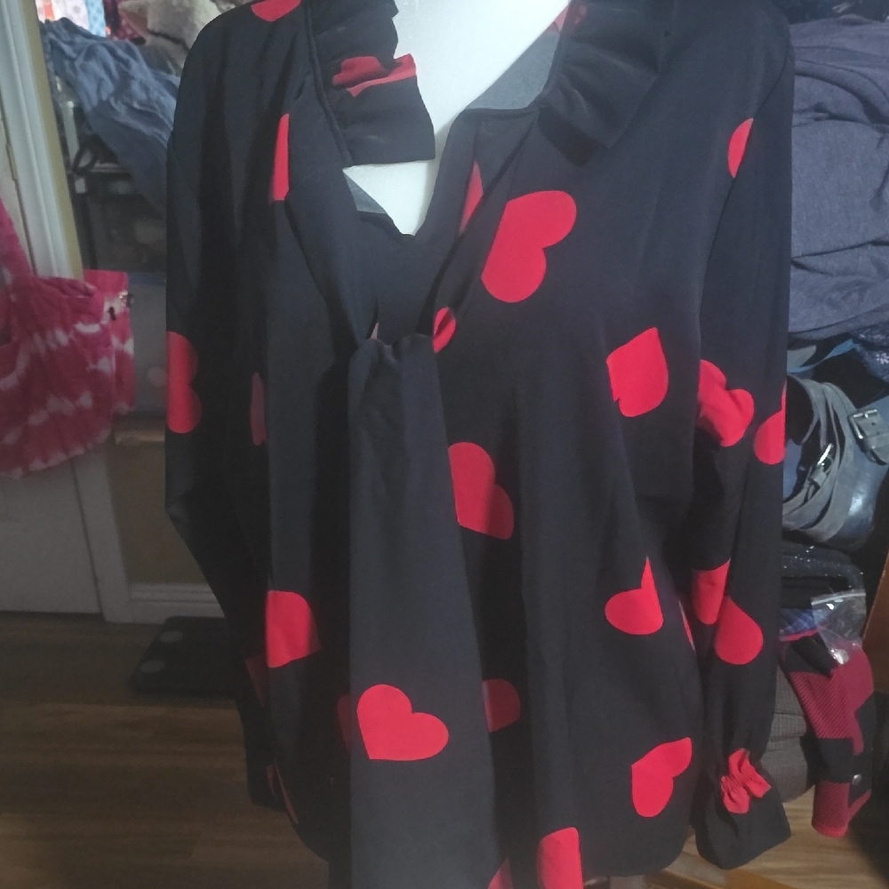 Studio Black and Red Long Sleeve Tie Front Blouse
